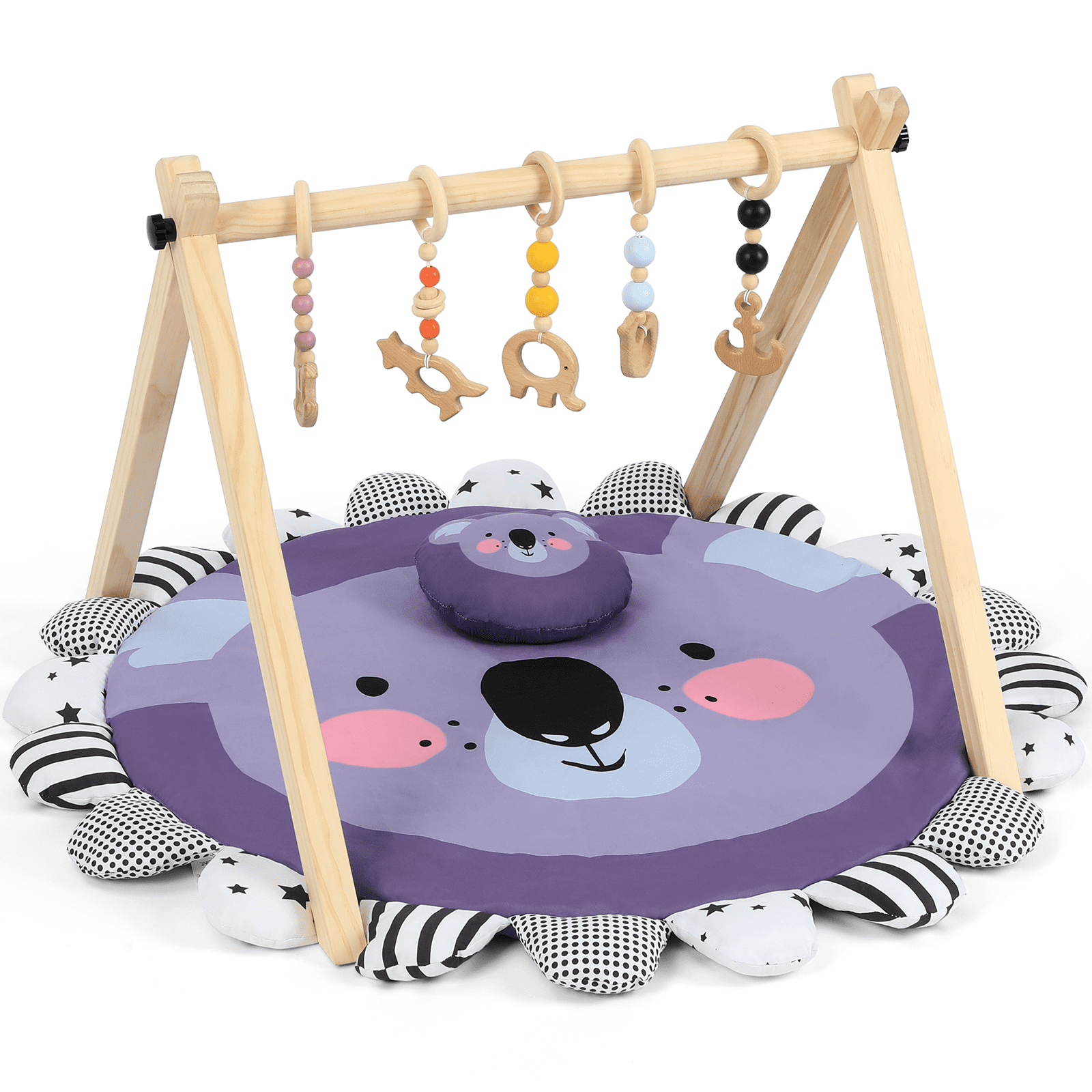 Cowiewie Wooden Play Gym， Activity Gym for Baby with 5 Hanging Toys and Play Mat， Purple