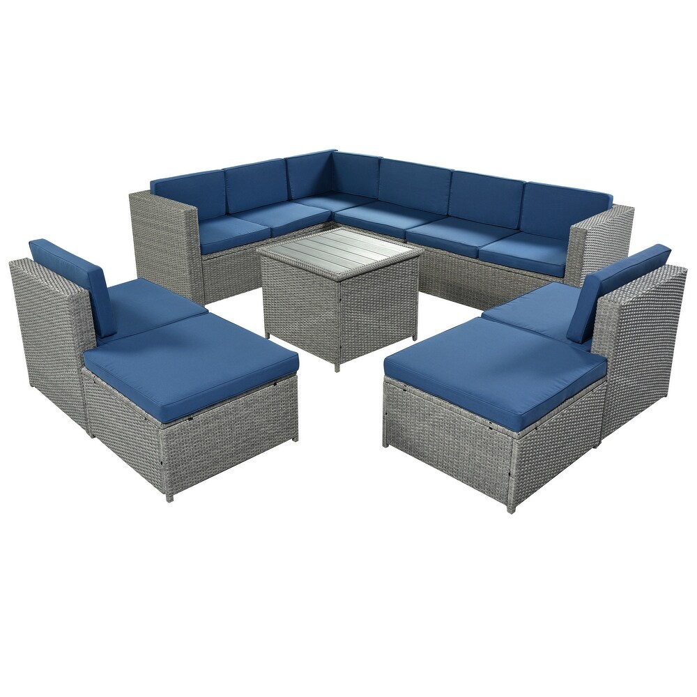 9 Piece Rattan Sectional Seating Group with Cushions and Ottoman