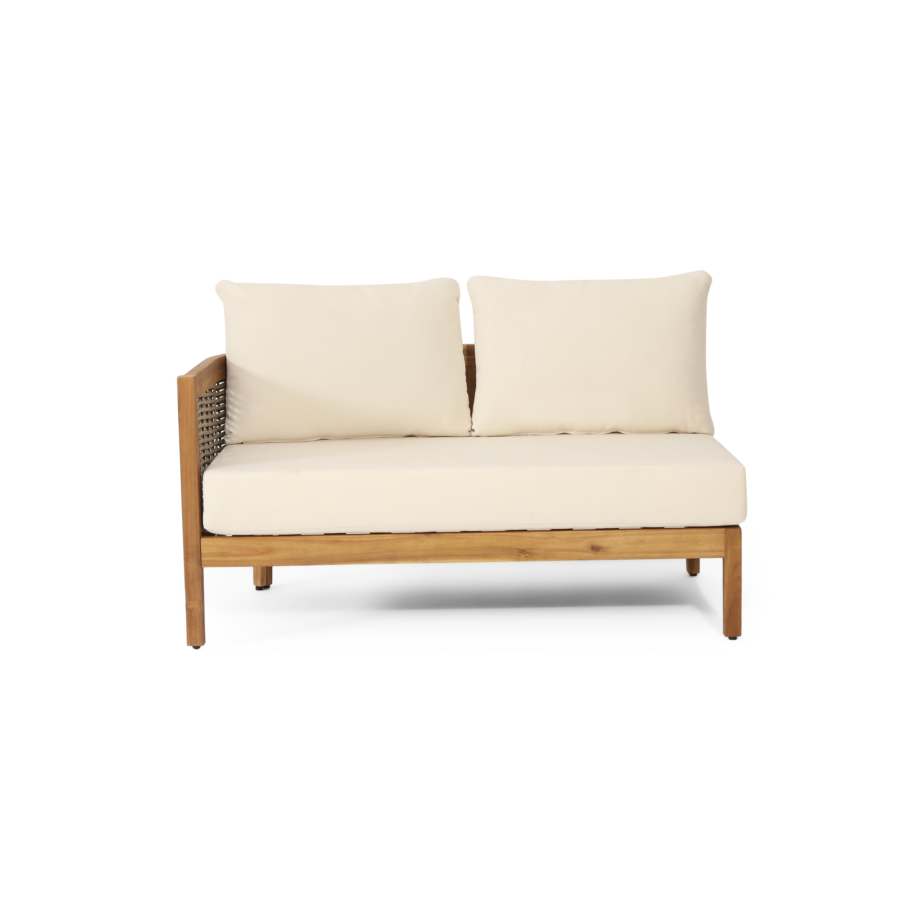 The Crowne Collection Outdoor Acacia Wood and Round Wicker 5 Seater Sectional Sofa Chat Set with Cushions, Teak, Mixed Brown, and Beige