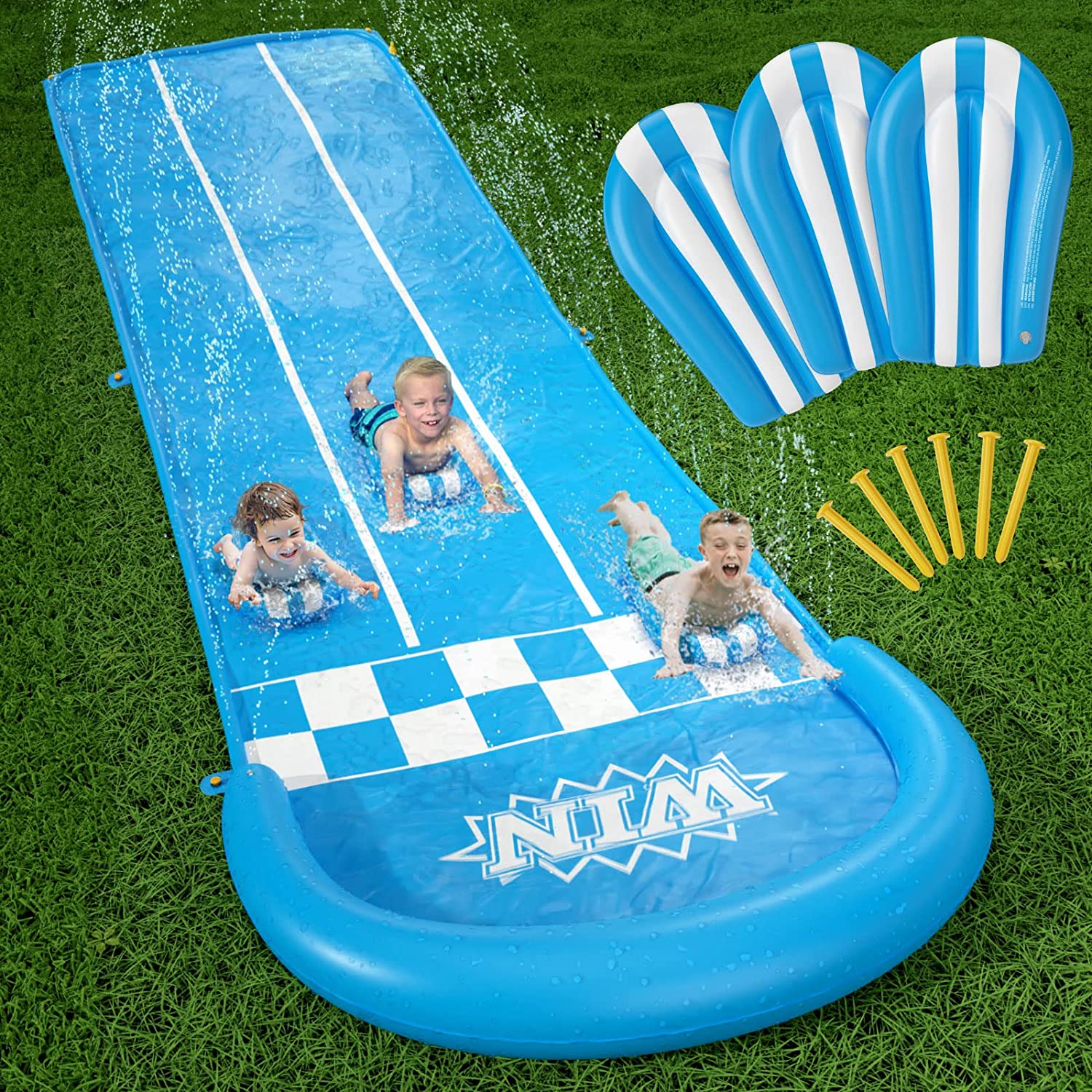 Lavinya Slip and Slide Porch Toy - Water Slide Slip And Slide for Adults & Kids 20ft Extra Long with Sprinkler 3 Bodyboards Backyard Games Splash Water Toys Outside Fun Play