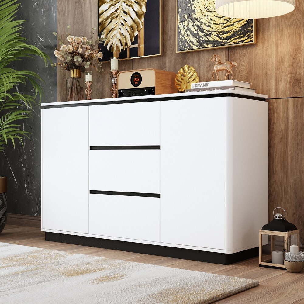 White/Black Accent Sideboard Contemporary Storage Cabinet for Any Room   55.1“W