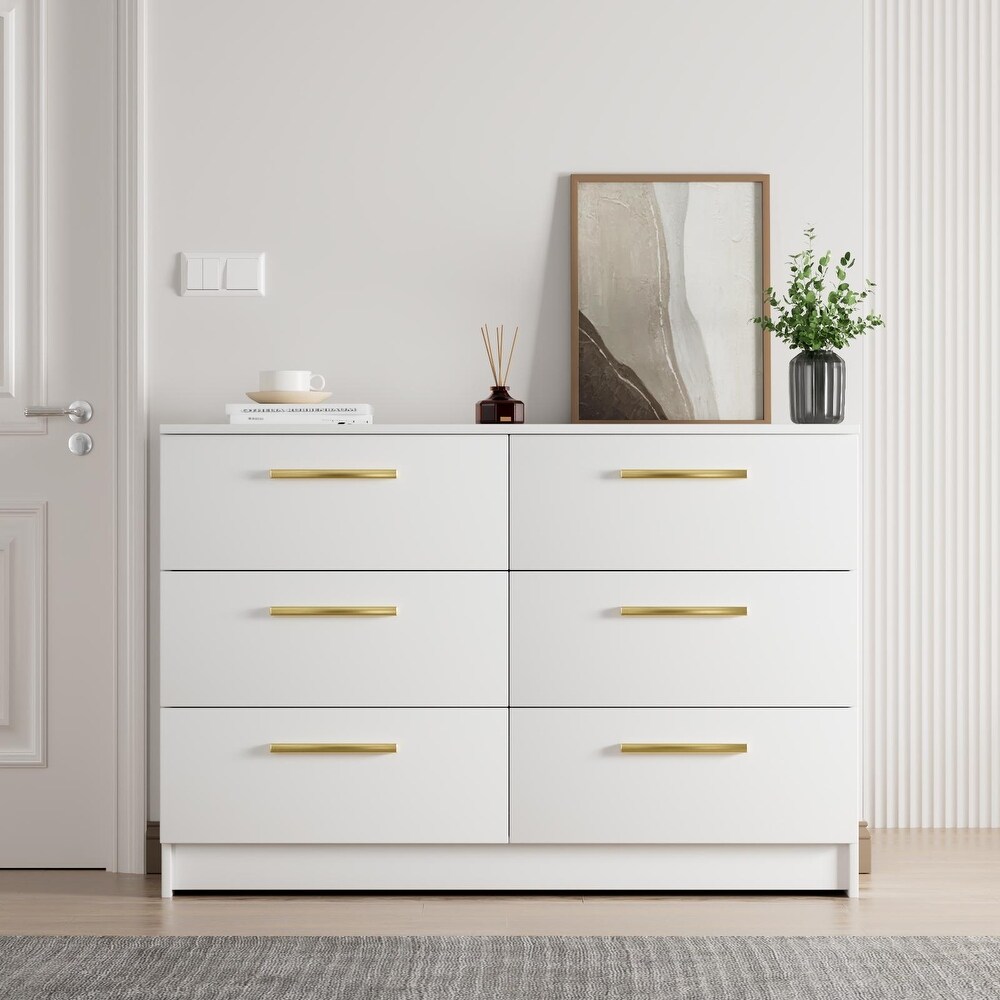 6 Wood Chest of Drawers with Large Space  Storage Organizer for Bedroom Tall Dresser with Modern Metal Handles  White