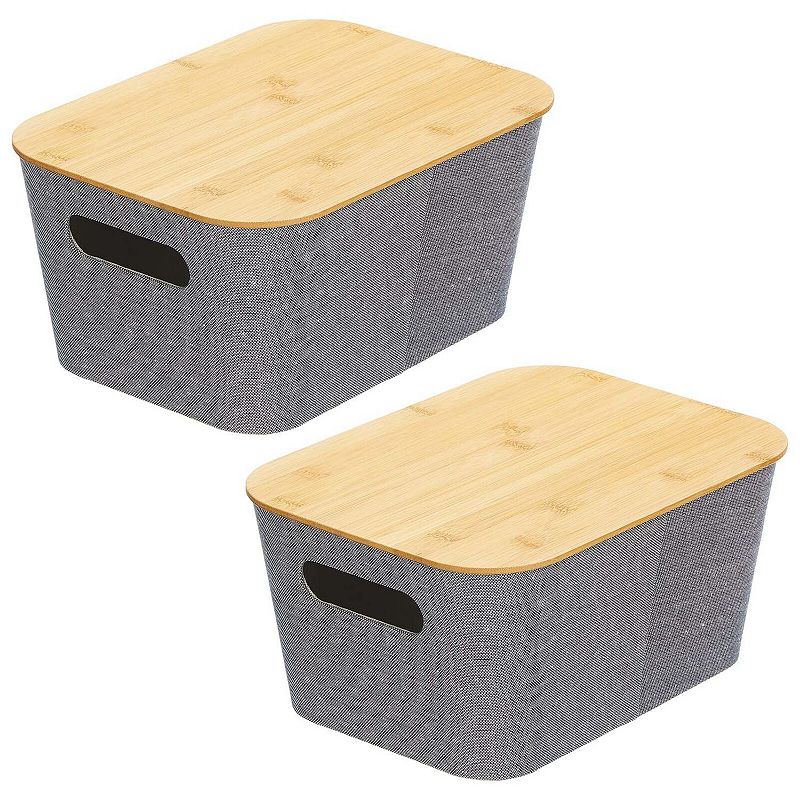 mDesign Fabric Stacking Storage Bin Box with Wood Lid Cover - 2 Pack