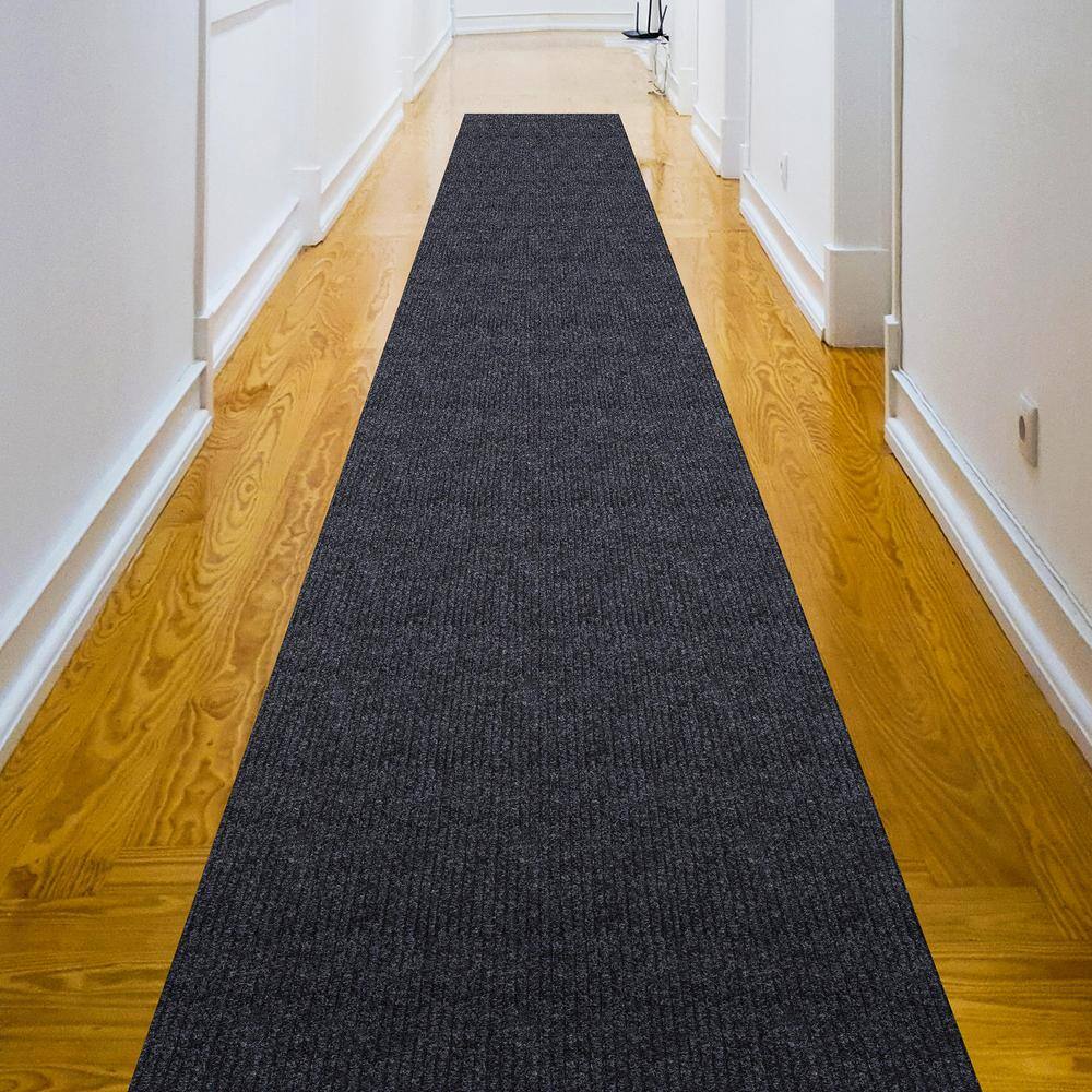 Sweet Home Stores 2 ft. W x 1 2 ft. L Black Ribbed Waterproof Non-Slip Rubber Back Solid Runner Rug Polypropylene Garage Flooring SH-SRT704-2X12