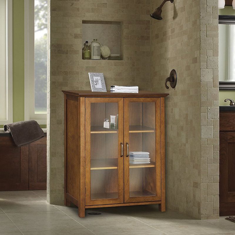 Oak Finish Bathroom Floor Cabinet With 2 Glass Doors and Storage Shelves