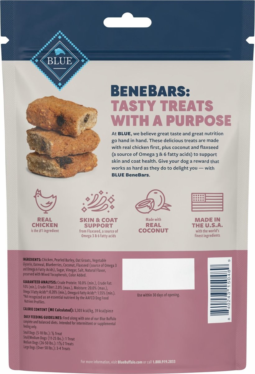 Blue Buffalo Benebars Skin and Coat Support， Chicken and Coconut Natural Dog Treats， 9-oz bag