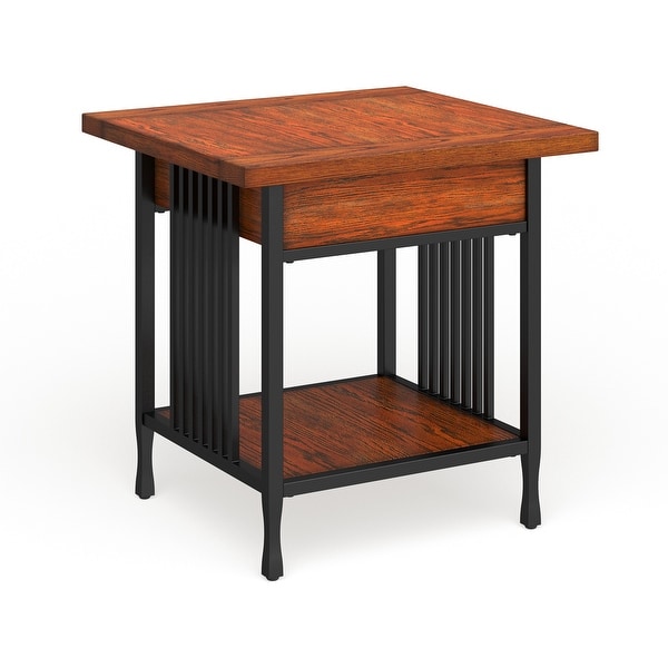 Carbon Loft Peter Matte Black Slatted Metal Oak End Table with drawer