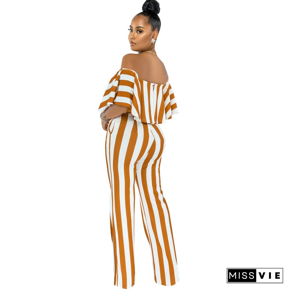 Striped Off Shoulder Wide Leg Jumpsuits