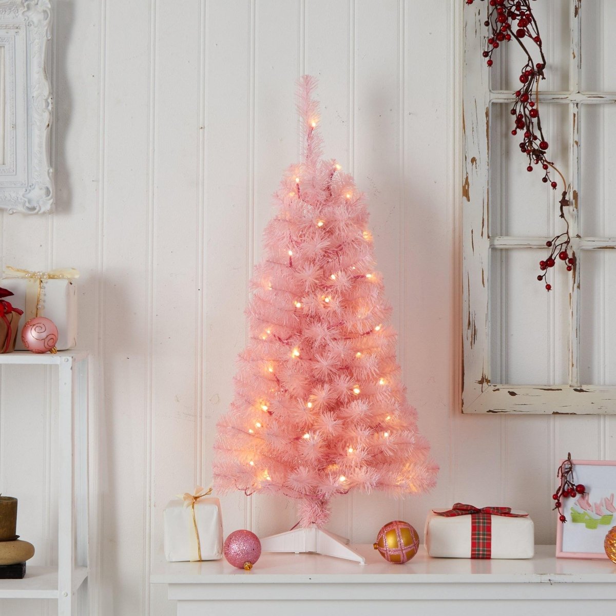 3’ Pink Artificial Christmas Tree with 50 LED Lights & 118 Bendable Branches - Whimsical Holiday Decor