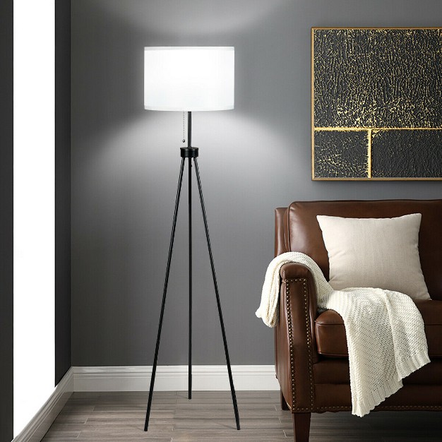 Metal Tripod Floor Lamp Contemporary Minimalist Standing Floor Light With Iron Legs Fabric Drum Shade E26 Lamp Base