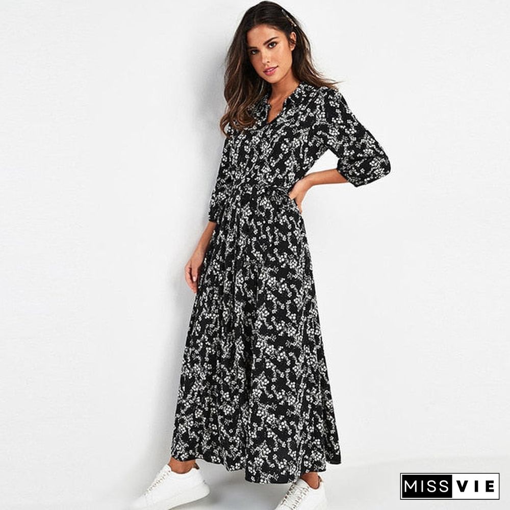 Aachoae Vintage Floral Print Maxi Dress Women Boho Three Quarter Sleeve Long Dress Turn Down Collar Casual Shirt Dresses Robe