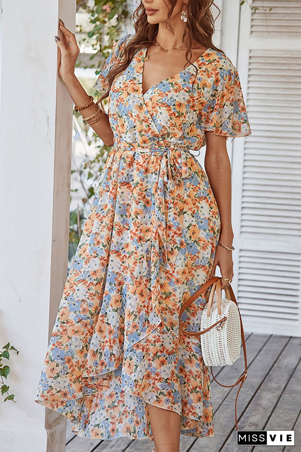 Floral Print V-neck Tie Waist Dress Wholesale