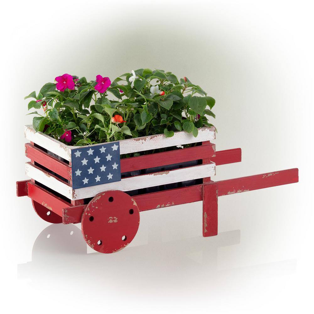 Alpine Corporation 9 in. Tall IndoorOutdoor Rustic Wooden American Flag Wheelbarrow Planter BKY100HH