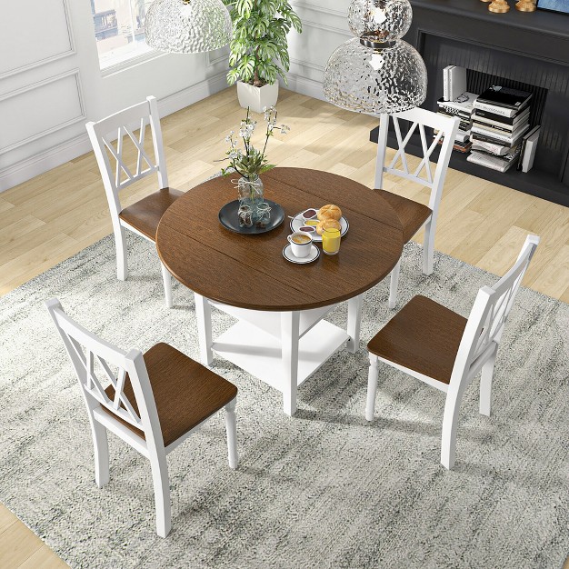 Tangkula 5 Piece Round Dining Kitchen Set W Drop Leaf Dining Table Folded amp 4 Chairs