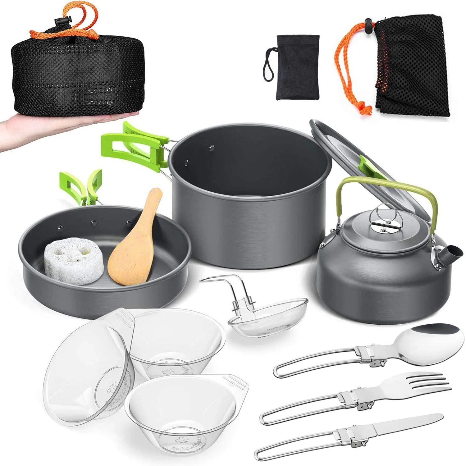 Outdoor Travelling Hiking Picnic BBQ Tableware Equipment Aluminum Cooking Set Water Kettle Pan Pot Camping Cookware Kit