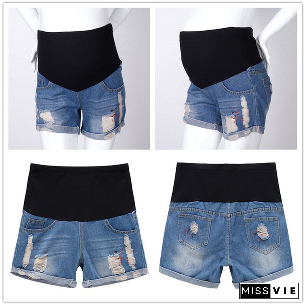 Summer Casual Denim Maternity Patchwork Belly Shorts Ripped Shorts for Pregnant Women