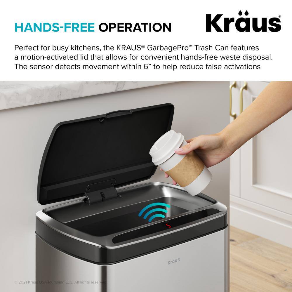 KRAUS Garbage Pro Rectangular 13 Gal. Motion Sensor Trash Can in Stainless Steel with Soft Shut Lid KTCS-10SS