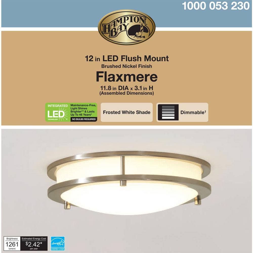 Hampton Bay Flaxmere 12 in. Modern Brushed Nickel Dimmable LED Integrated Flush Mount with Frosted White Glass Shade for Kitchen HB1023C-35