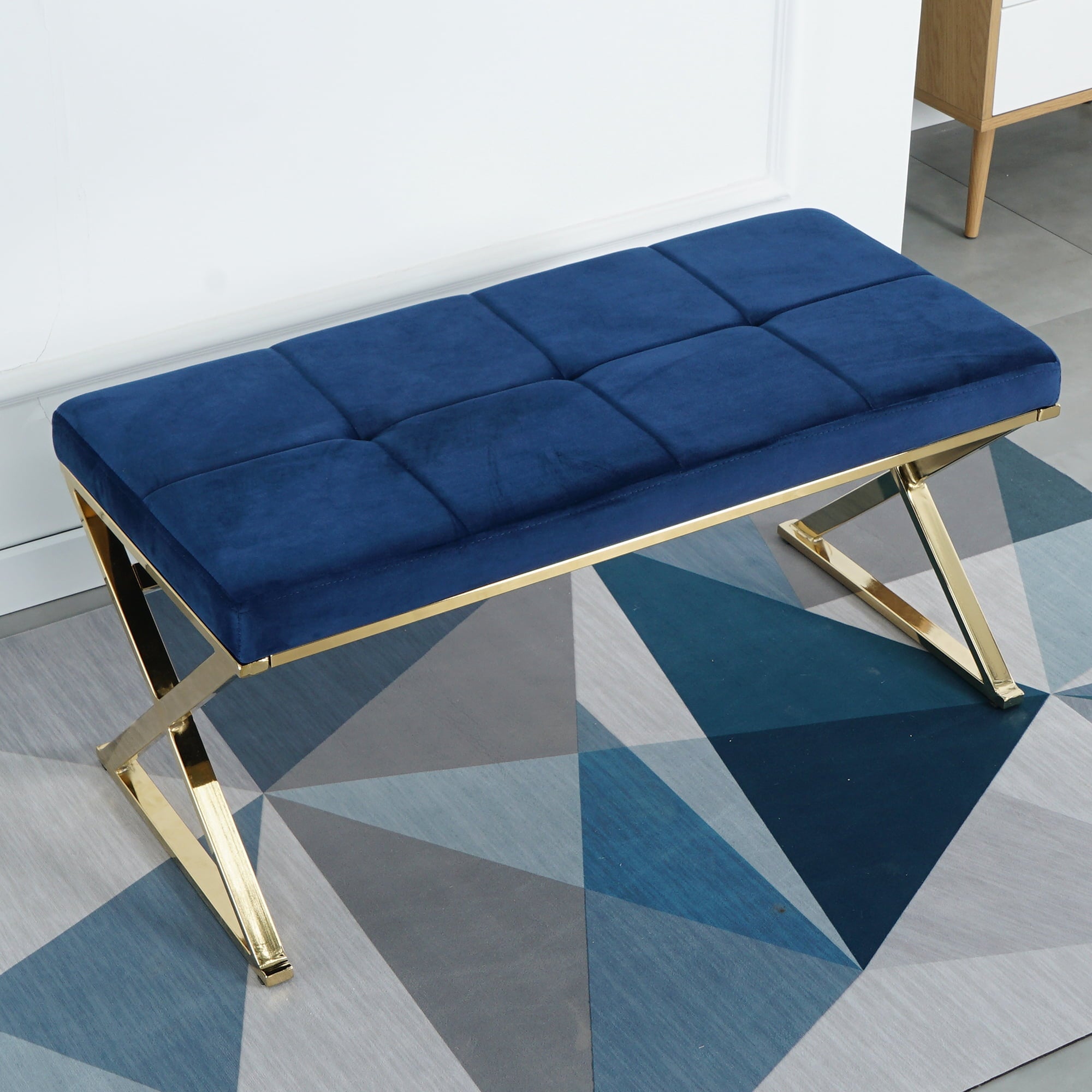 Mid-Century Modern Ottoman Bench with Padded Seat and Gold Metal Legs, Upholstered Entryway Bench Shoe Bench, Velvet Fabric End of Bed Bench for Bedroom Living Room Hallway More, Blue