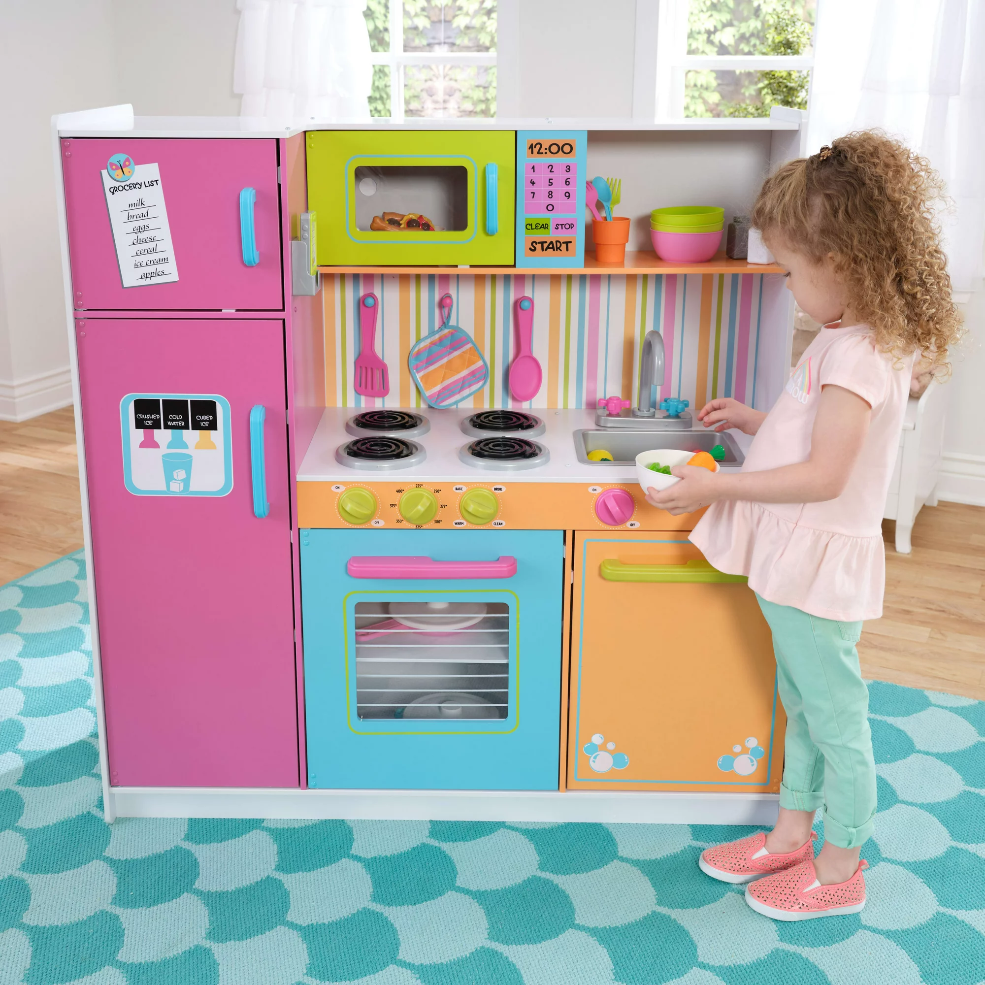 KidKraft Deluxe Big and Bright Wooden Play Kitchen with Play Phone， Neon Colors