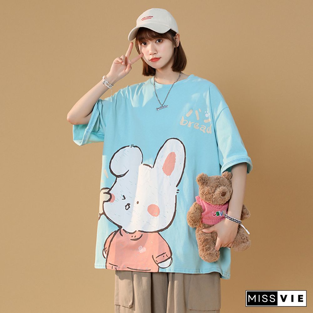 Cartoon Bunny Print Round Collar Casual T-Shirt