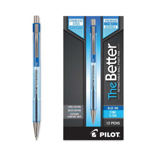 Pilot Better Retractable Ballpoint Pen， Fine 0.7mm， Blue Ink， Translucent Blue Barrel， Dozen (30001)