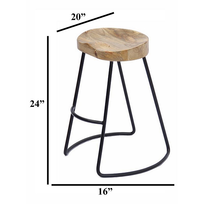 Ela 24 Inch Mango Wood Industrial Counter Height Stool， Saddle Seat， Iron， Set of 2， Brown， Black