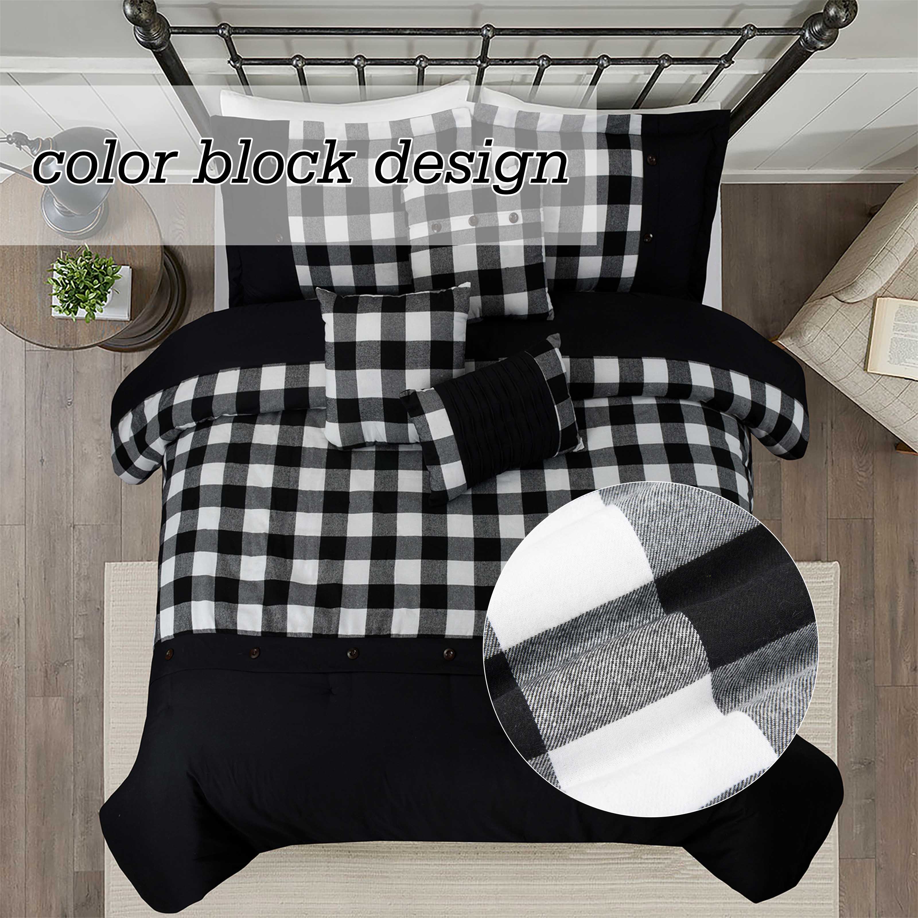 HIG Buffalo Plaid 7 Piece Black and White Bed in A Bag with Buttons, Modern Patchwork Color Block Comforter Set