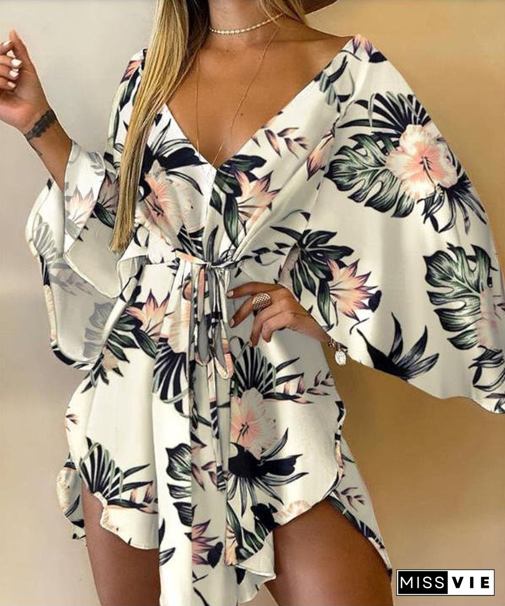 Asymmetrical Lace-up Front Mini Dress Casual Dress Print New Style Ladies Dresses Length Sleeve Style Sleeve Length(cm) Age