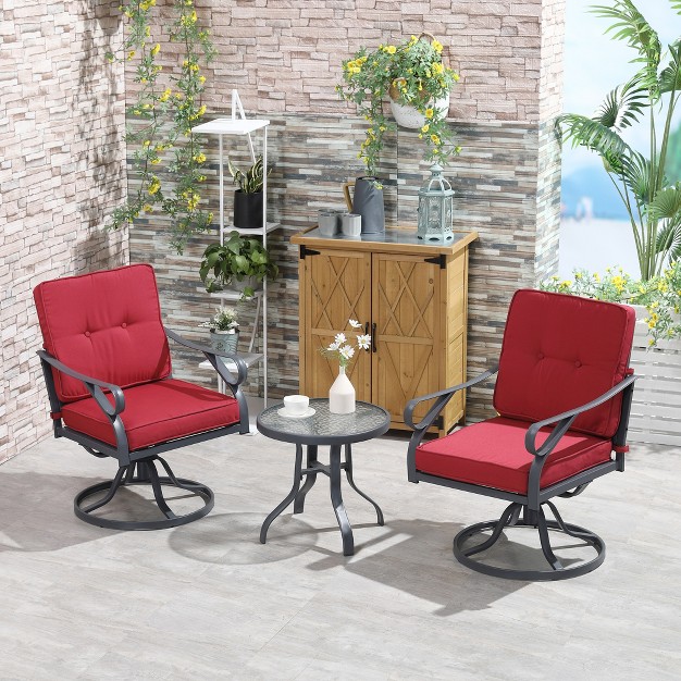 Outsunny 3 Pieces Outdoor Swivel Bistro Set 2 Rocker Chairs And 1 Round Tempered Glass Table With Cushion Yard Lawn Porch And Garden Furniture