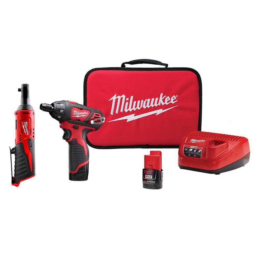 MW M12 12V Lithium-Ion Cordless 14 in. Hex Screwdriver and 14 in. Ratchet Combo Kit (2-Tool) 2401-22-2456-20