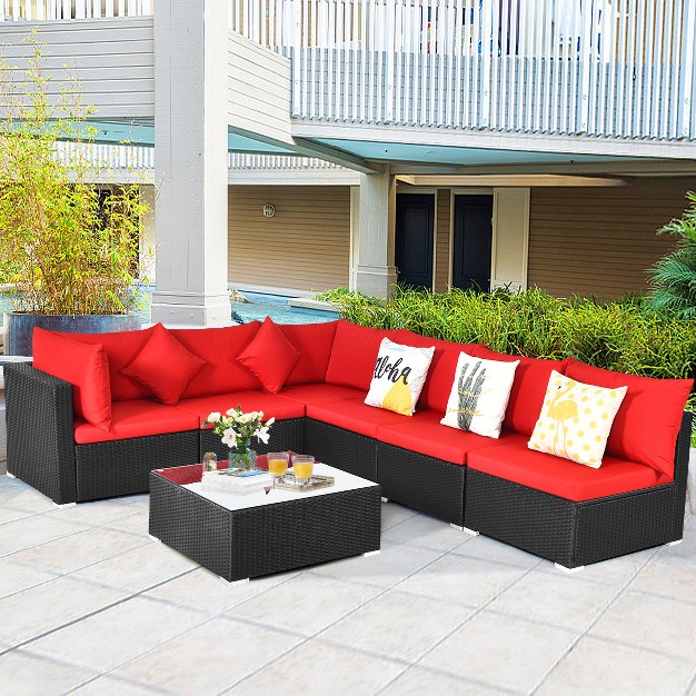 Costway 7pcs Rattan Patio Conversation Set Sectional Furniture Set W Red Cushion