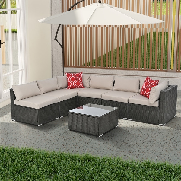 7Pcs Outdoor Sectional Furniture Set，AllWeather PE Rattan Sectional Sofa Conversation Set w/ Coffee Table and Washable Cushions