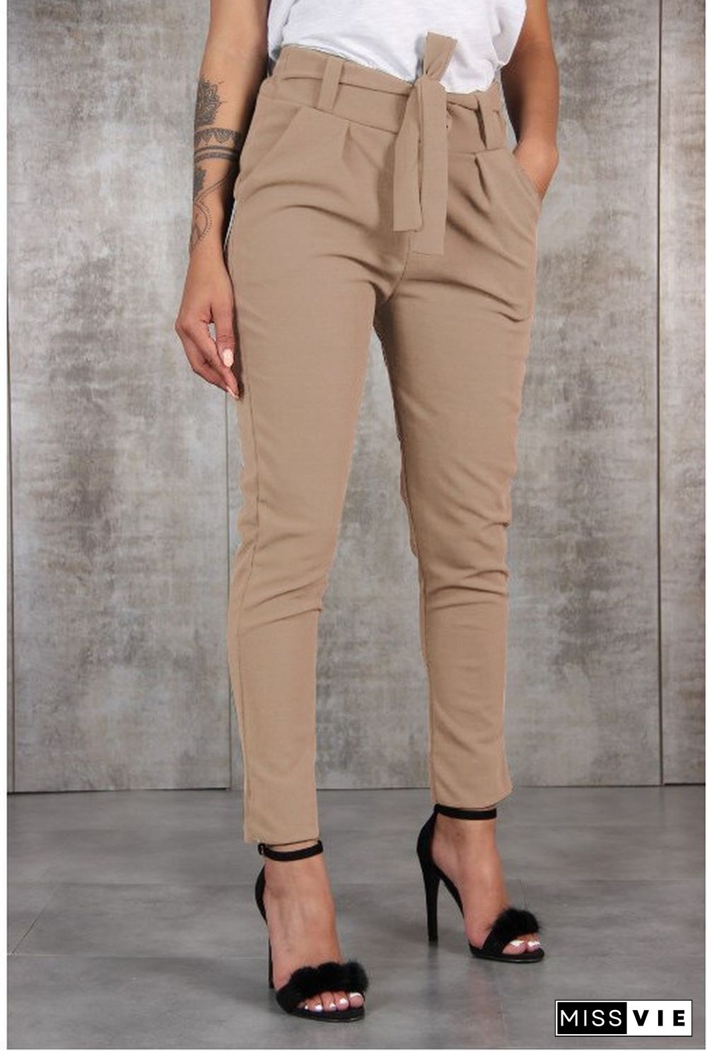 Solid Pocket Design Pencil Pants With Belt P15248