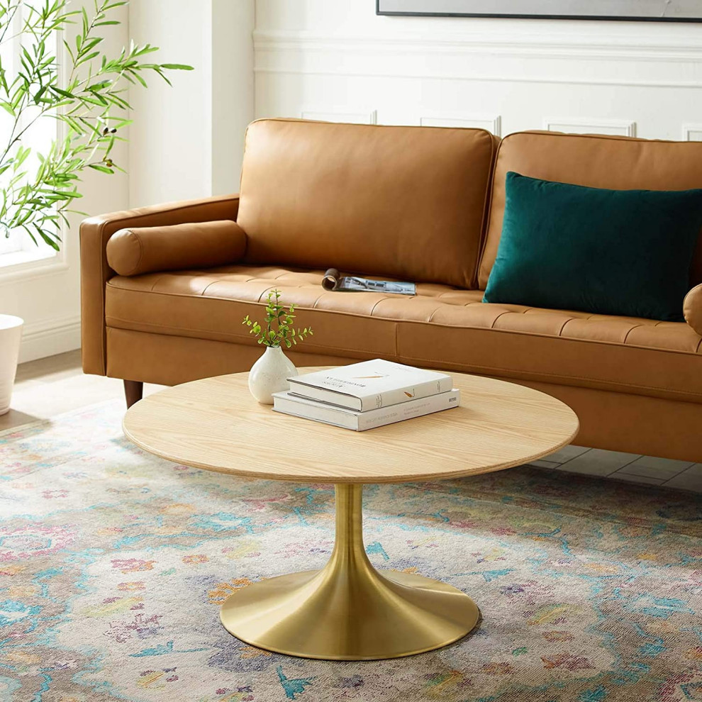 Modern Retro Coffee Table  Golden Pedestal Base and Round MDF Top   Farmhouse   Coffee Tables   by Declusia  Houzz