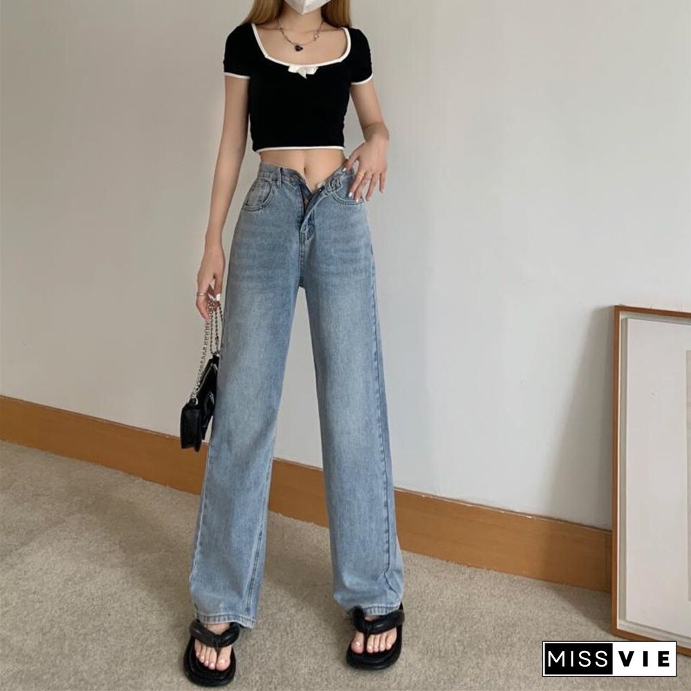 Woman Jeans High Waist Clothes Wide Leg Denim Clothing Blue Streetwear Vintage Quality Fashion Harajuku Straight Pants