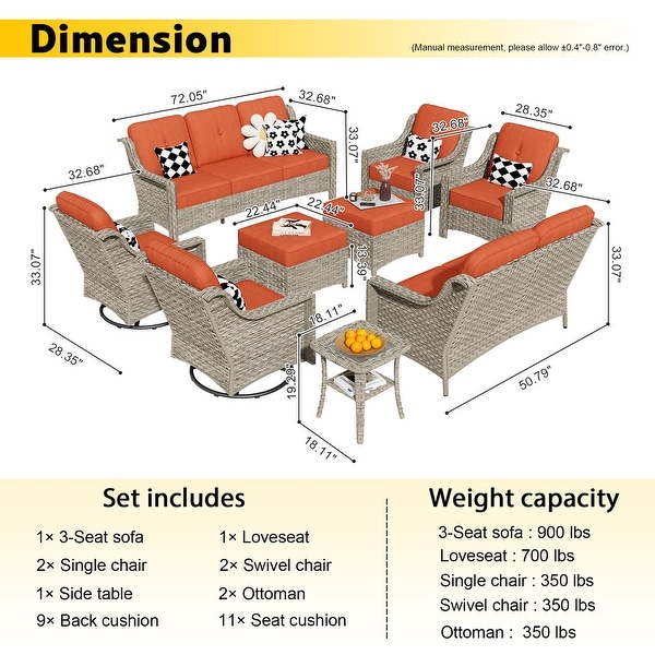 HOOOWOOO 9piece Patio Wicker Furniture Conversation Set with Swivel Chair and Loveseat Sofa