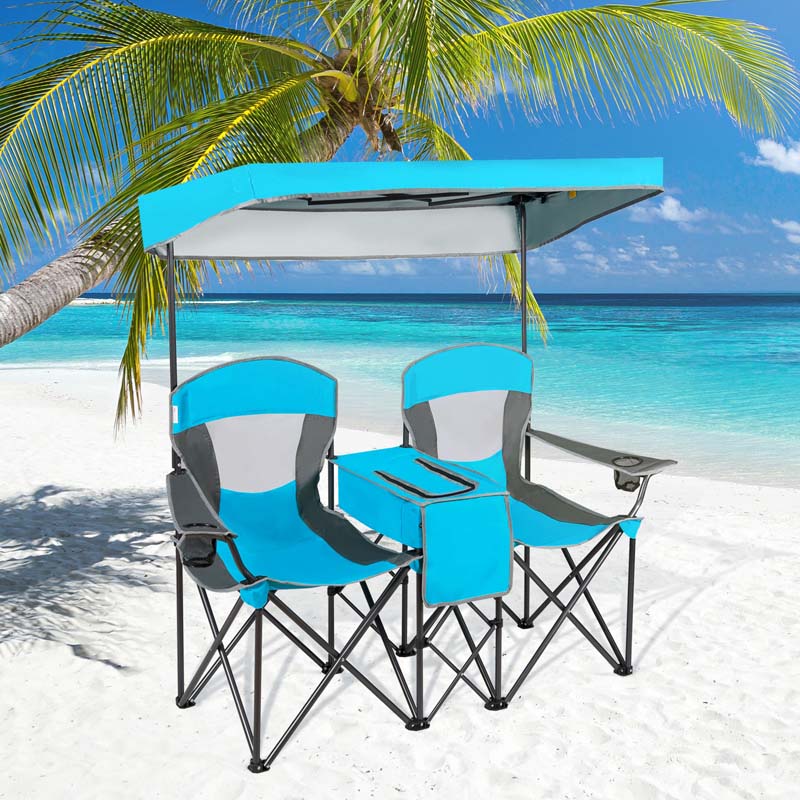 Double Sunshade Camping Canopy Chair with Mini Table, Cup Holder, Portable Folding Beach Chair with Canopy