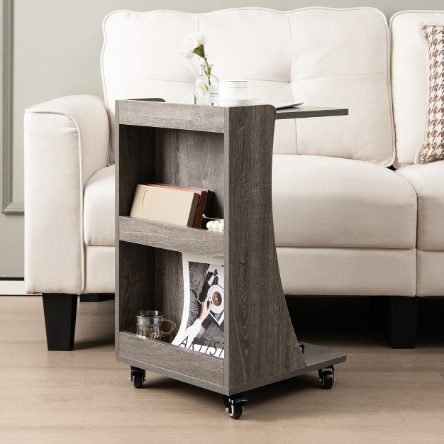 Costway Side Table With Rolling Casters Mobile C shaped End Table With 2 tier Open Storage Shelf amp 2 Back Storage Compartments Brown grey