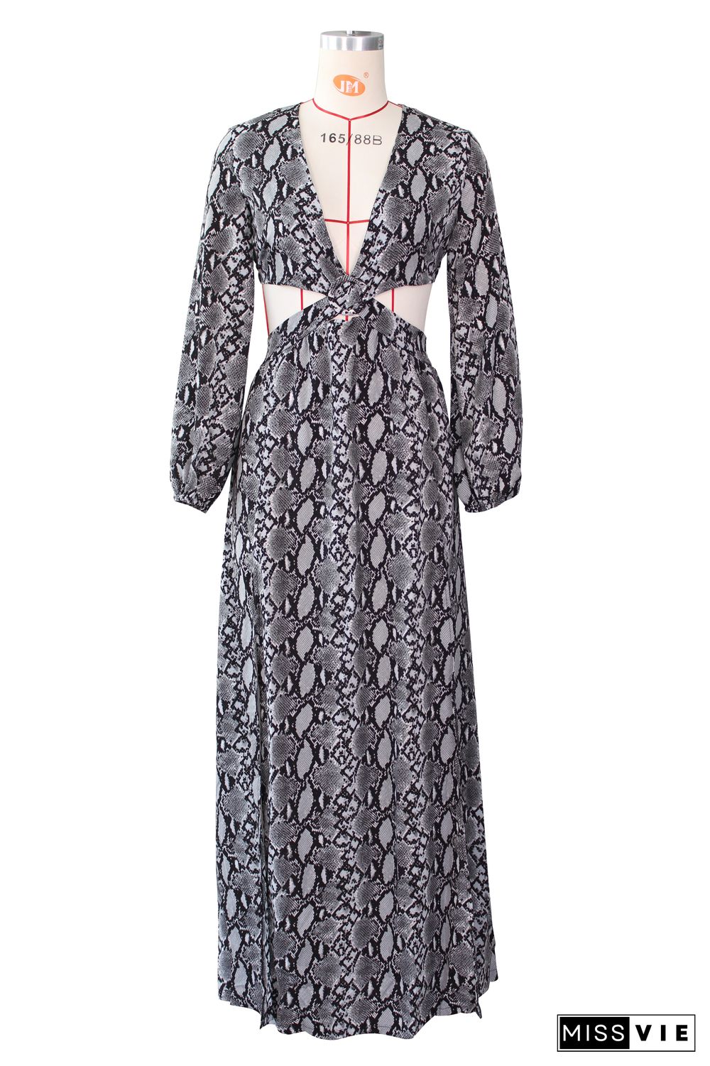 Snake Print Hollow Out Low Cut Maxi Dress