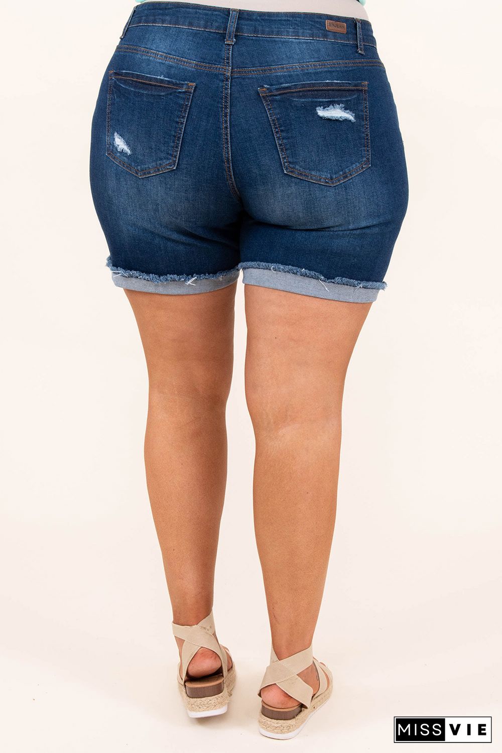 Blue Plus Size Rolled Hem Distressed Denim Shorts