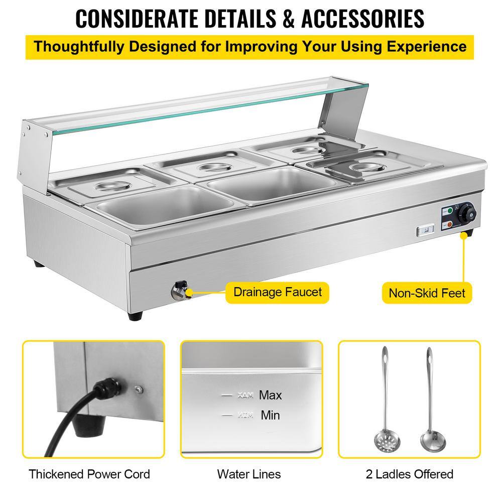 VEVOR 6 Pan x 12 GN Stainelss Steel Commercial Food Steam Table 6 in. Deep 1500-Watt Electric Countertop Food Warmer 66 Qt. BLZBWTC6PB2600001V1