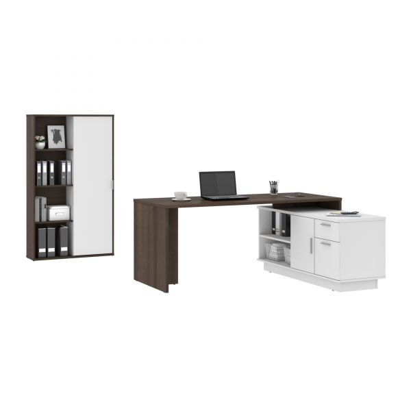 Bestar Equinox 2-Piece L-Shaped Desk and Bookcase - Antigua and White