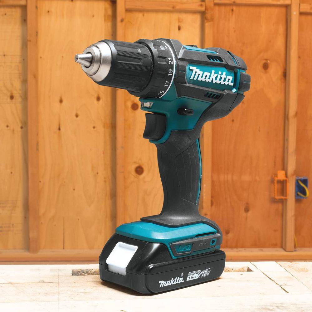 Makita 1.5 Ah 18V LXT Lithium-Ion Compact Cordless 12 in. Variable Speed Driver Drill Kit with Tool Bag XFD10SY