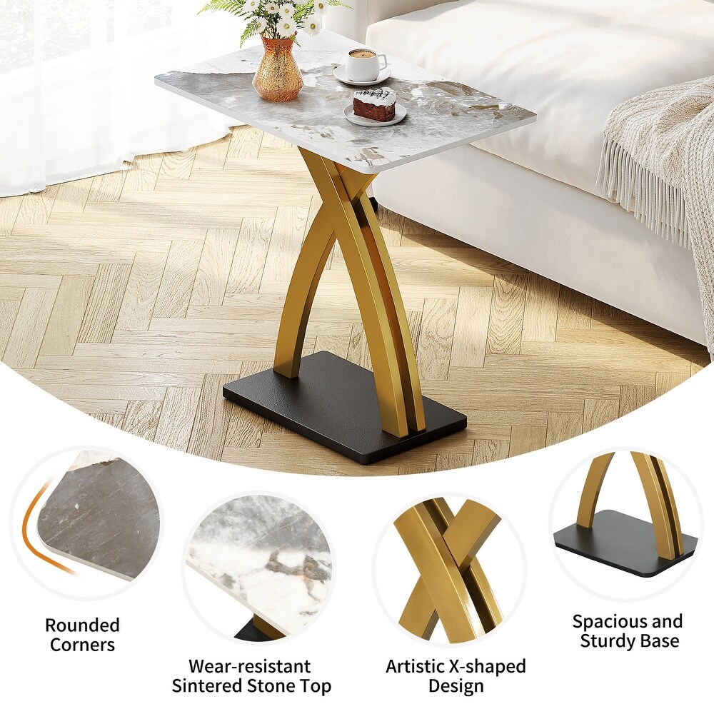 Modern Side Table with Slate Tabletop and Gold Carbon Steel Metal X Base