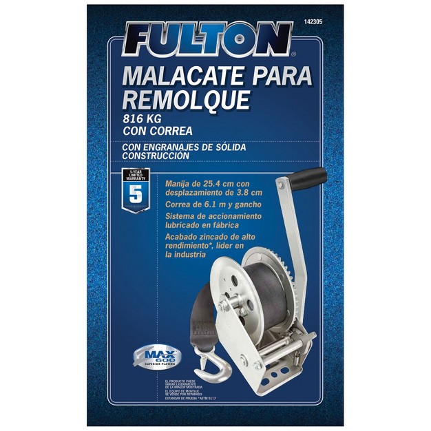 Fulton 142305 Universal Single Speed Towing Winch With 20 Feet Strap And Hook Comfortable Grip Handle 1800 Pound Capacity