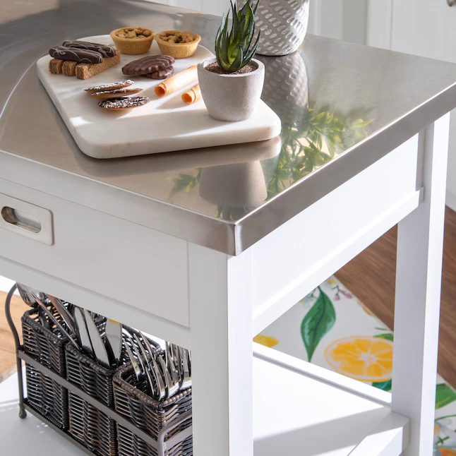 Linon KI106WHT01U White Wood Base with Stainless Steel Metal Top Rolling Kitchen Cart (37.5-in x 18-in x 36-in)