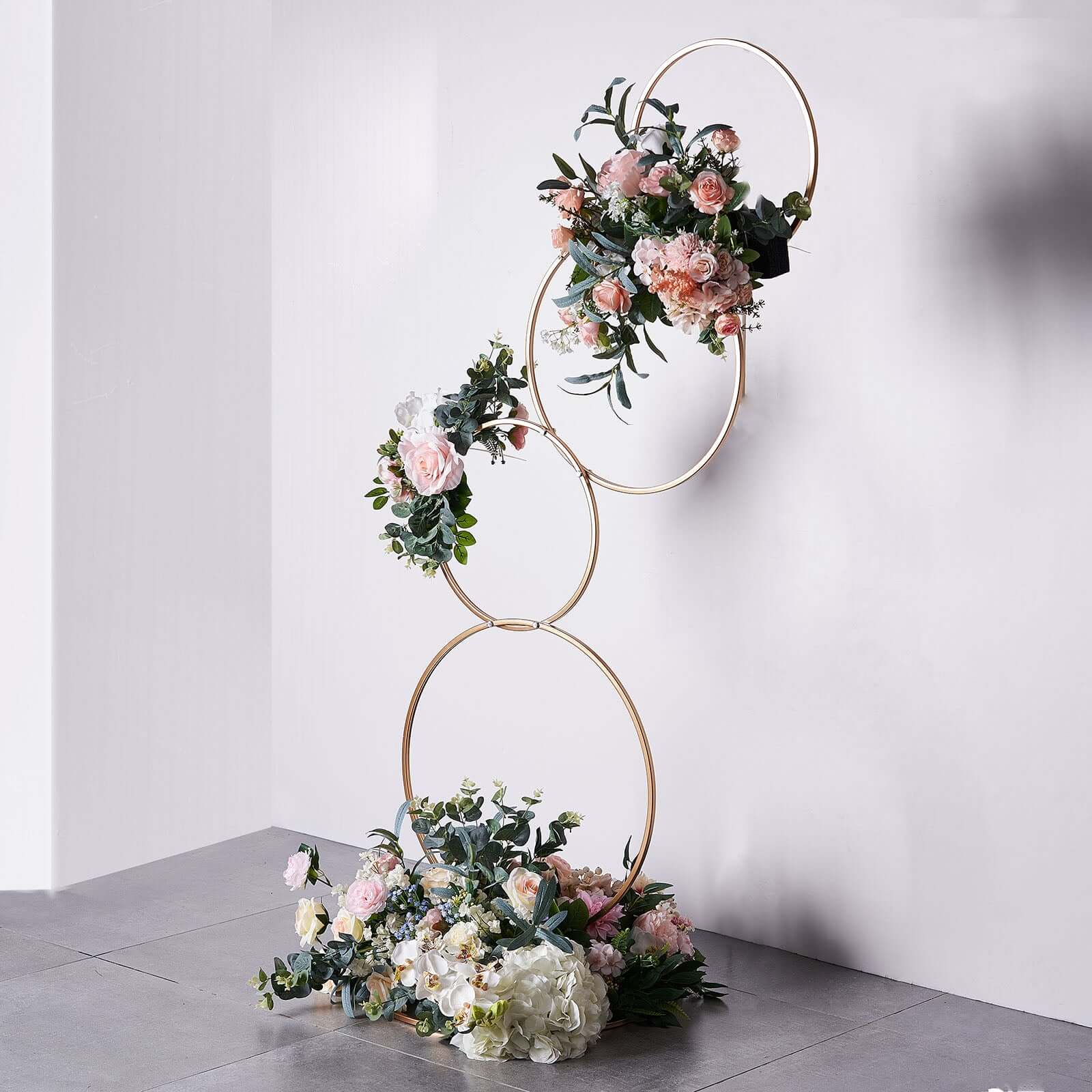 4-Tiered Gold Hoop Pillar Flower Stand, Metal Wedding Arch Table Centerpiece - Hoop Wreath 5ft