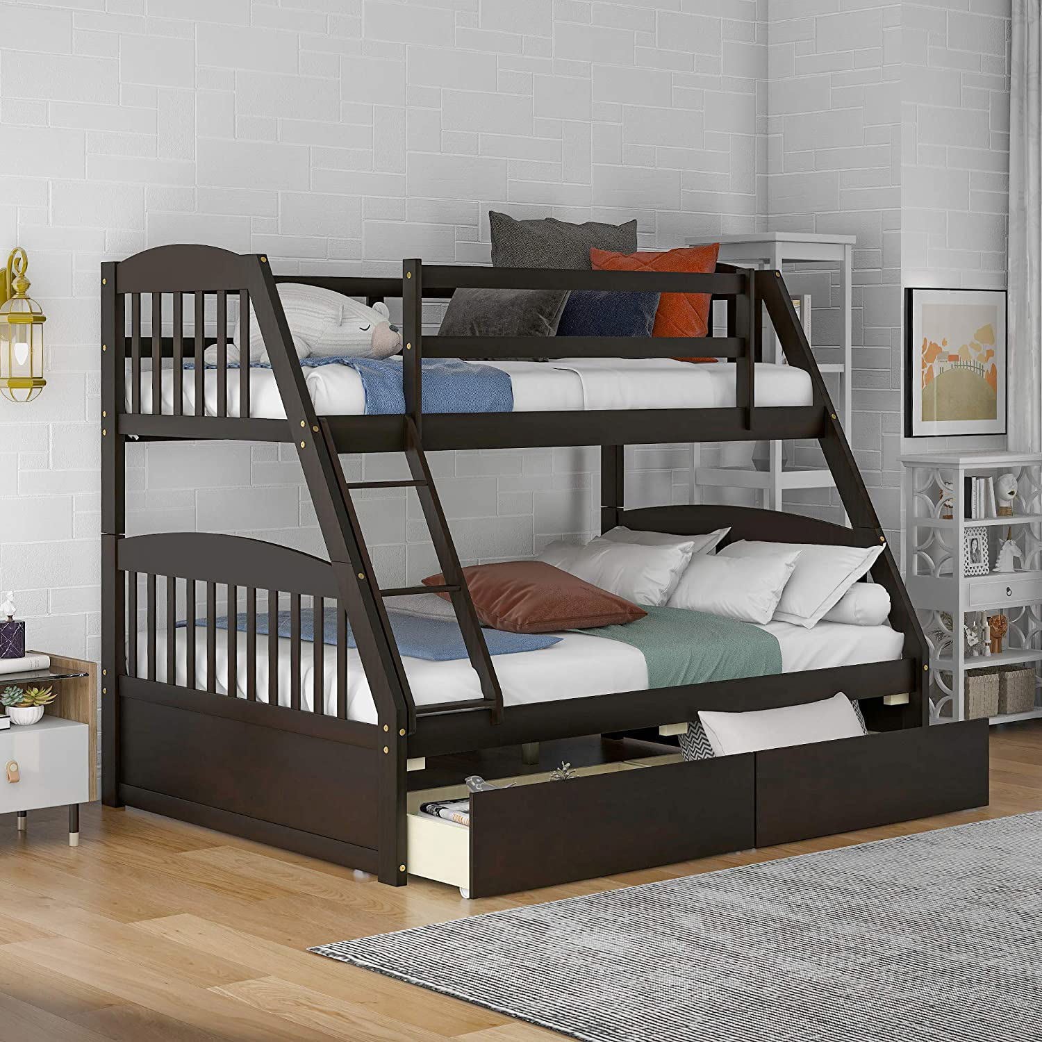 Twin Over Full Bunk Bed with Two Storage Drawers, Pine Wood Bed Frame and Ladder with Guard Rails for Toddlers, Kids, Teens, Boys and Girls, Brown