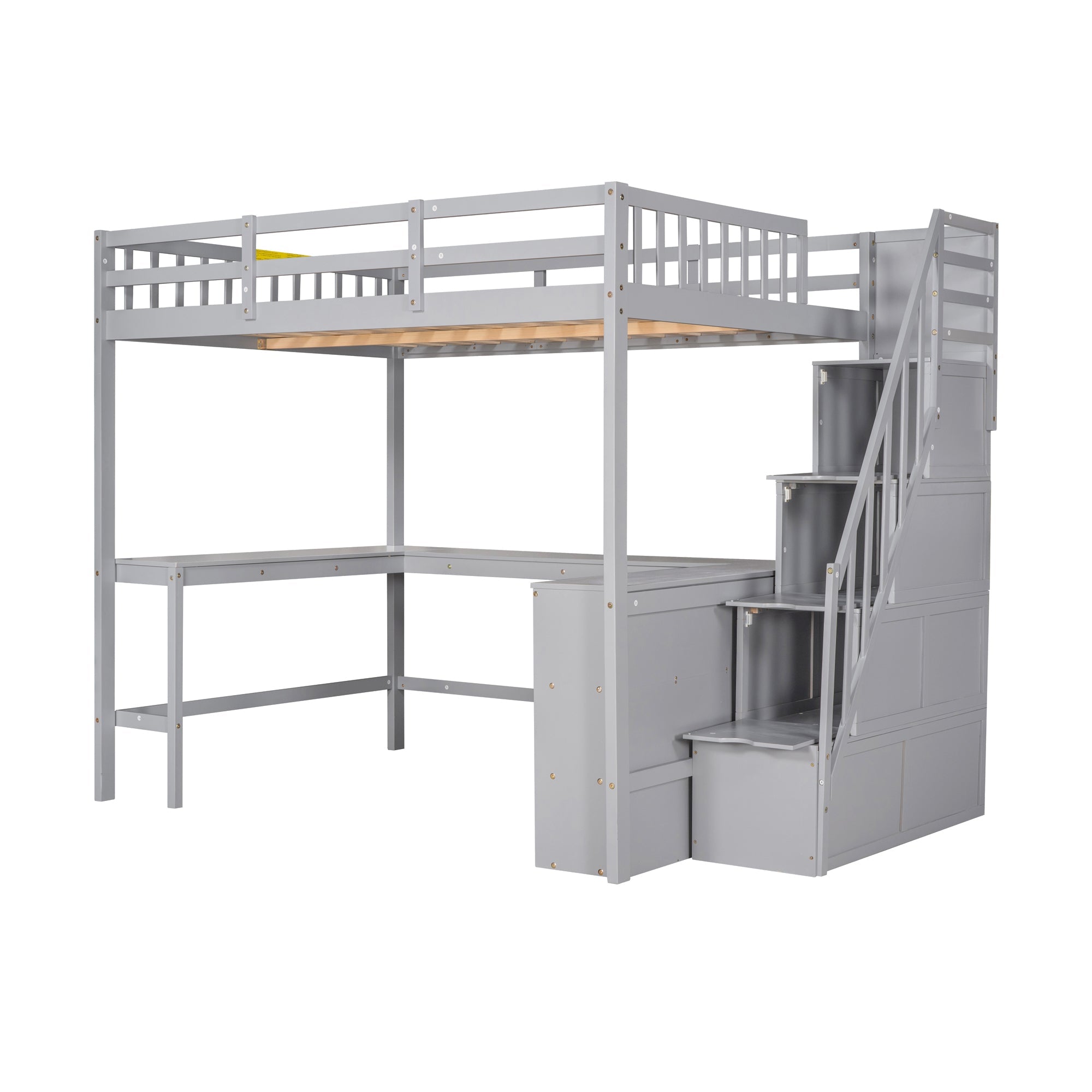 Wood Full Loft Bed with Desk, Shelf and Storage Staircase for Kids, Gray